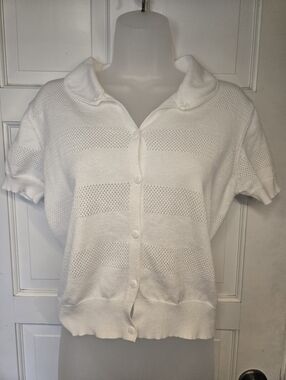 Cream Short-Sleeve Knit Cardigan Sweater